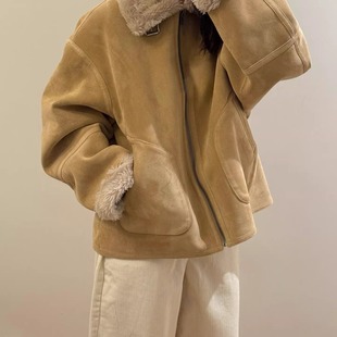 facade pattern复古机车风翻领绒面皮草大衣25冬季新款韩货定制