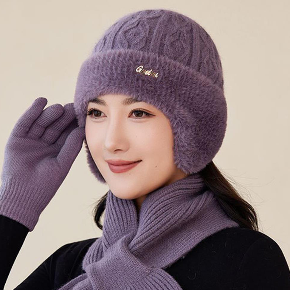 妈妈帽子兔毛针织套头帽中老年人户外护耳加厚毛绒保暖包头帽围巾