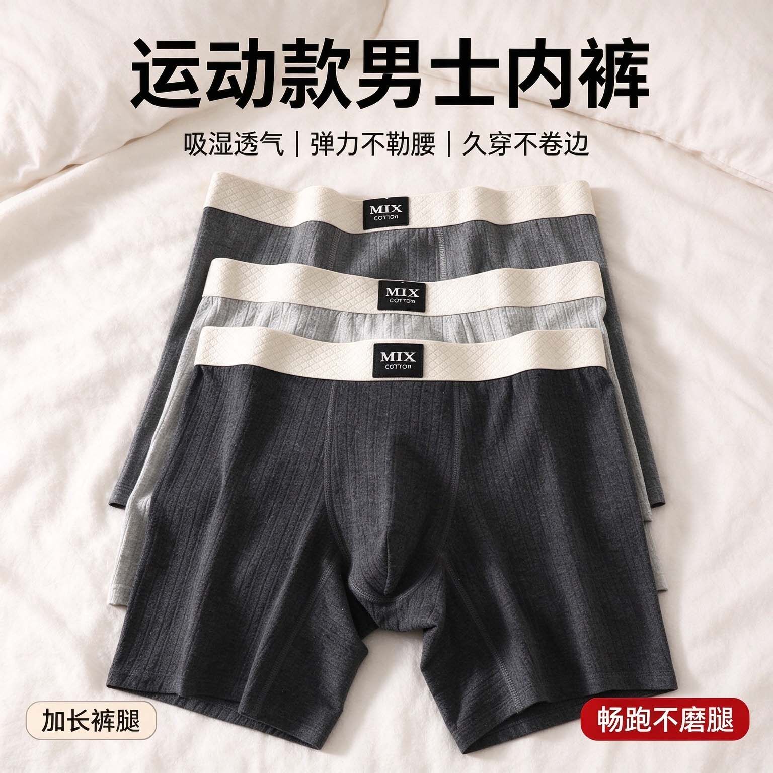 加长款男士内裤运动跑步防磨腿四角裤纯棉透气大码加肥平角短裤头