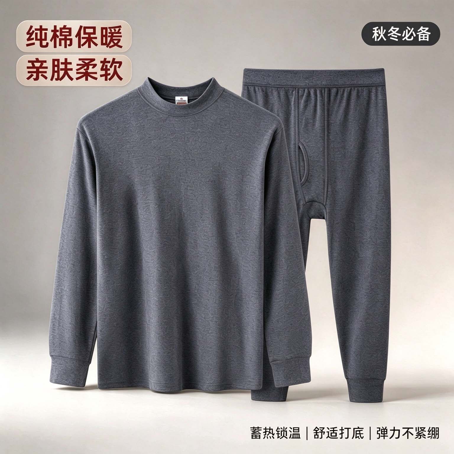 男士圆领薄款大码保暖内衣套装