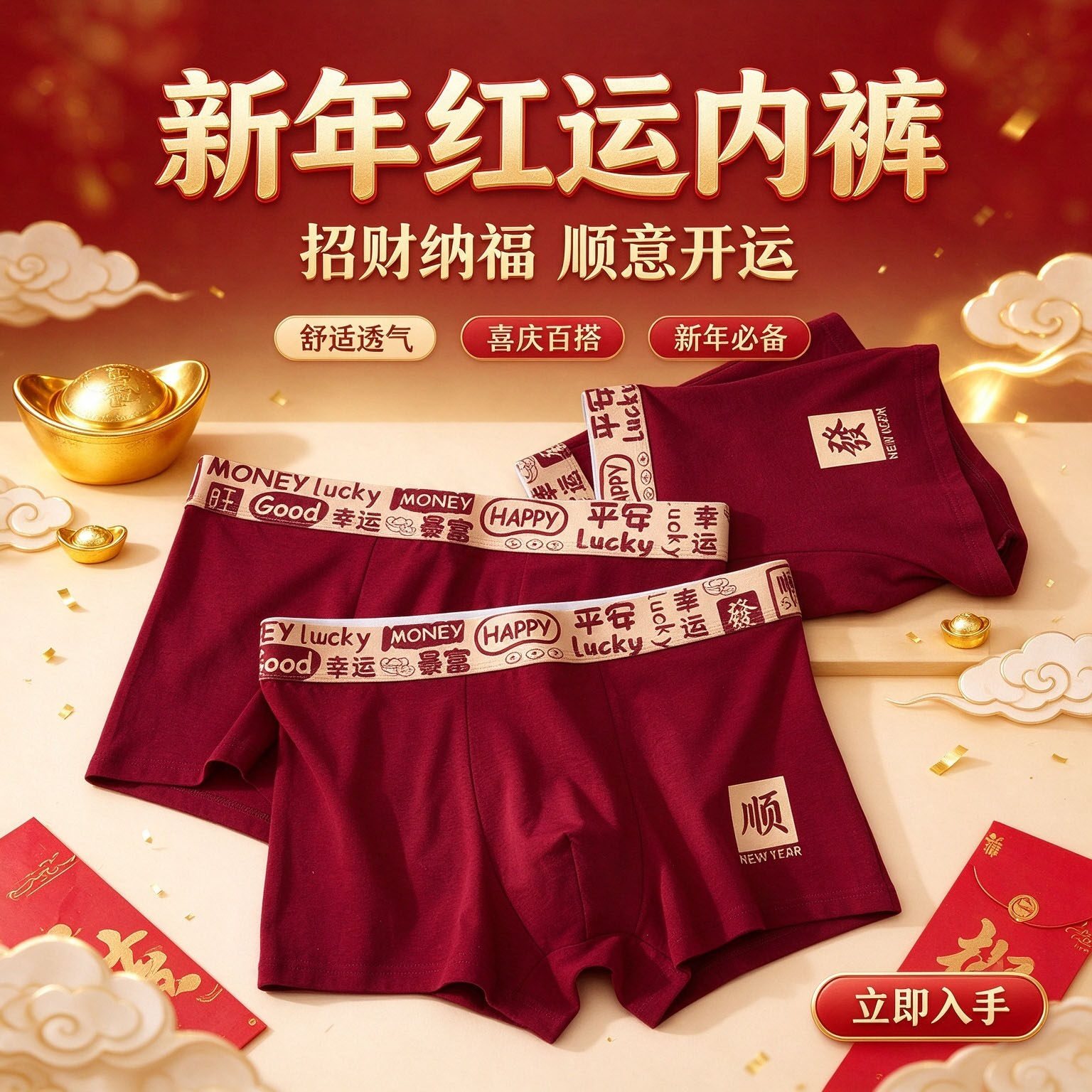 本命年酒红色纯棉透气男士平角裤