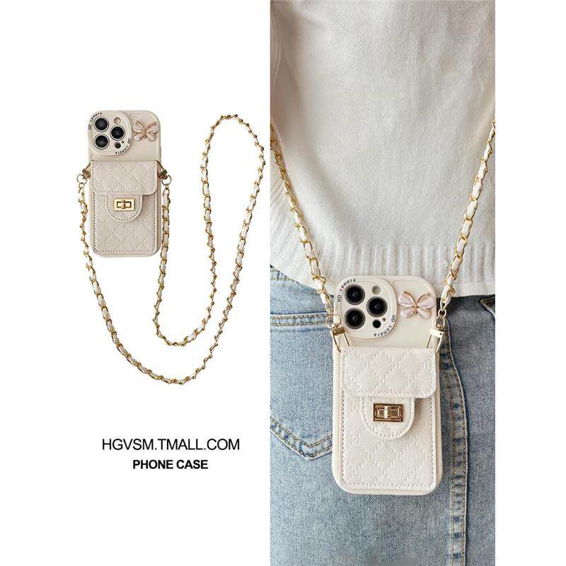 菱格小香风蝴蝶卡包适用苹果16promax手机壳新款iPhone15可背带14斜挎挂绳16pro小众高级感13全包防摔12硅胶A