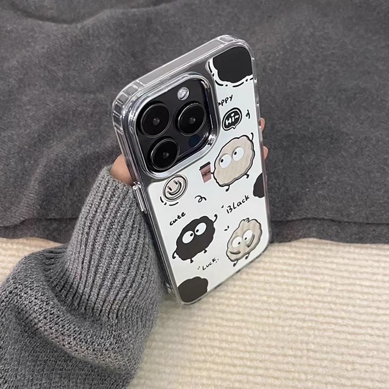 适用iphone14pro手机壳创意煤球镜面苹果13promax高级感趣味12por新款自带补妆镜11小众可爱全包防摔保护套陆