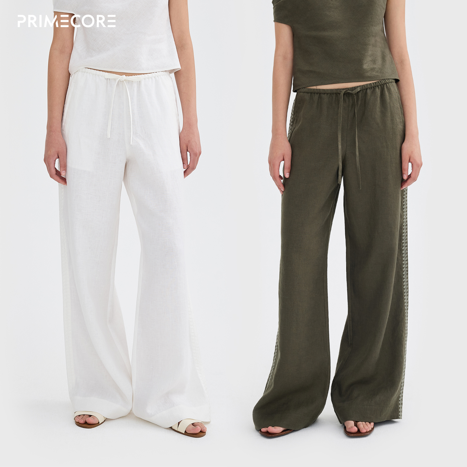 PRIMECORE轻透亚麻绣花直筒休闲裤垂感 度假长裤