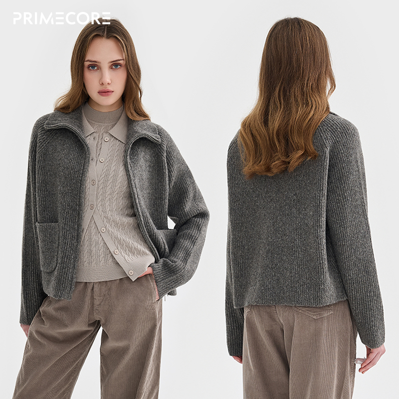 PRIMECORE/冬季新款拉链针织毛衣开衫立领巴恩风复古设计女外套