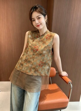国潮新中式国风立领斜襟拼接马甲女2026春季新款无袖显瘦百搭气质