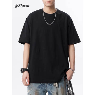 100%纯棉重磅短袖男t恤夏季2025新款宽松纯色圆领半袖男士打底衫