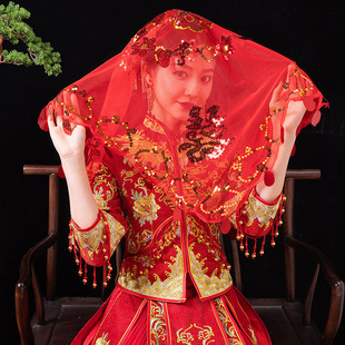 结婚盖头新娘2024款蒙头巾秀禾服出嫁喜帕中式婚礼结婚红色软头纱