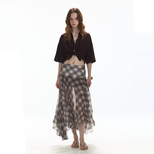 OPEN ENROLLMENT Vision Plaid Skirt 大裙摆格纹网纱长裙 浅棕