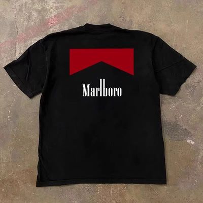 2025夏季新款万宝路印花纯棉短袖T恤男宽松百搭潮流打底圆领上衣