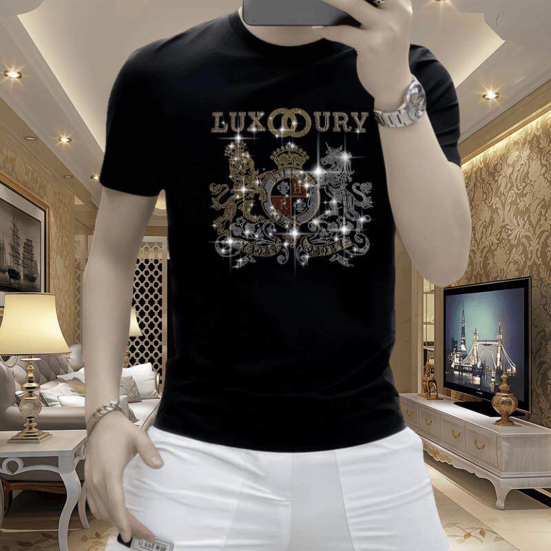 欧洲站男士时尚休闲夏季潮流修身圆领T恤百搭烫钻个性帅气冰丝T恤