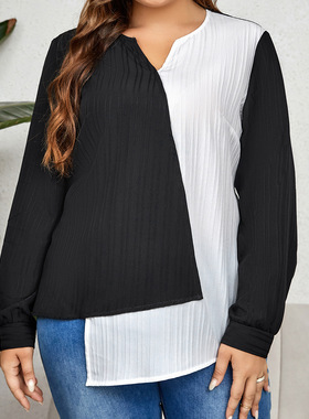 fat lady Autumn shirts plus size tops 拼色不规则长袖大码衬衫