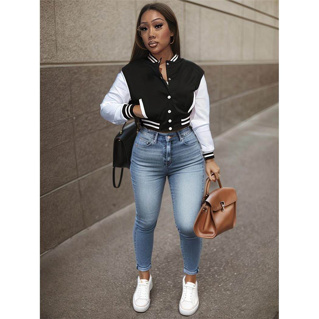 春秋新款女装欧美风格色块上衣单排扣字母棒球制服高腰运动上衣