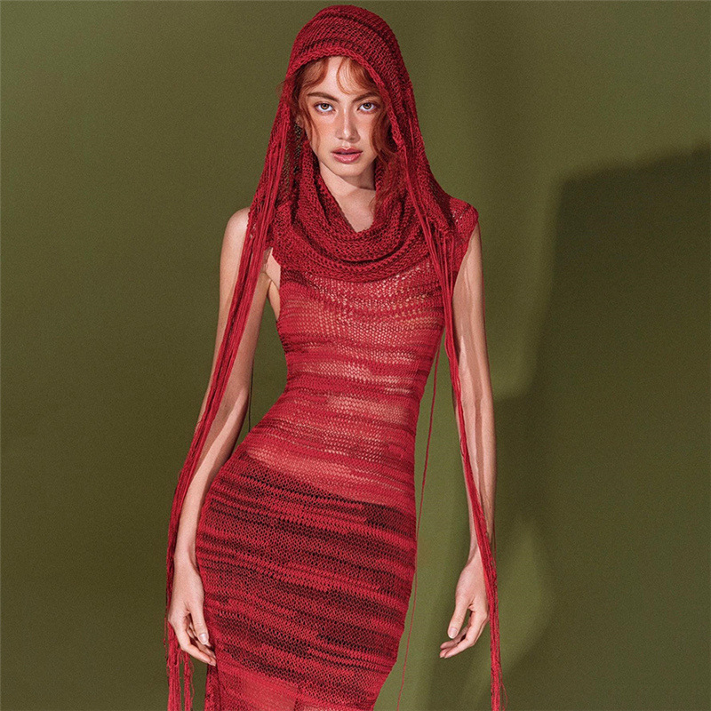 亚文化沙丘废土风小众设计感镂空连帽针织连衣裙女开叉显瘦长裙
