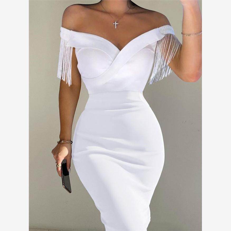 Women off shoulder sexy dress女2022新款春夏一字肩流苏紧身裙