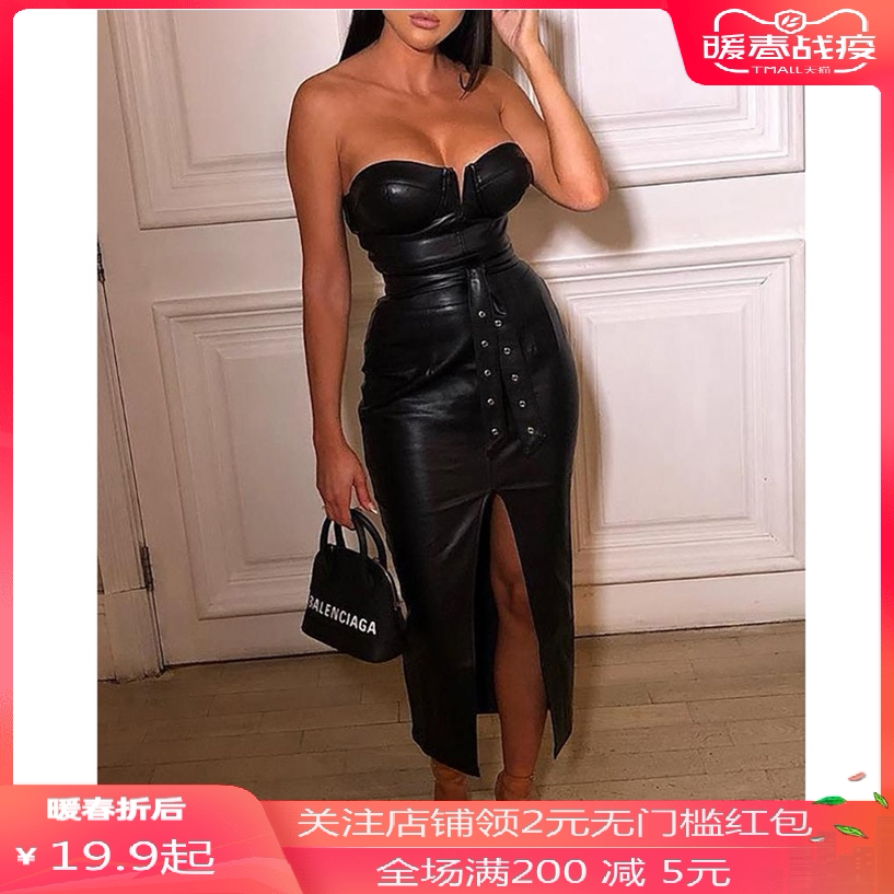 krasa妇女 的女人裙women dress性感抹胸PU皮开衩连衣裙黑色裙子