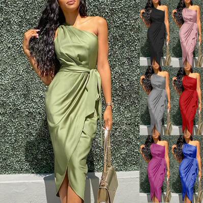 S-3XL Large Satin Dress for Ladies with Bevelled Shoulders