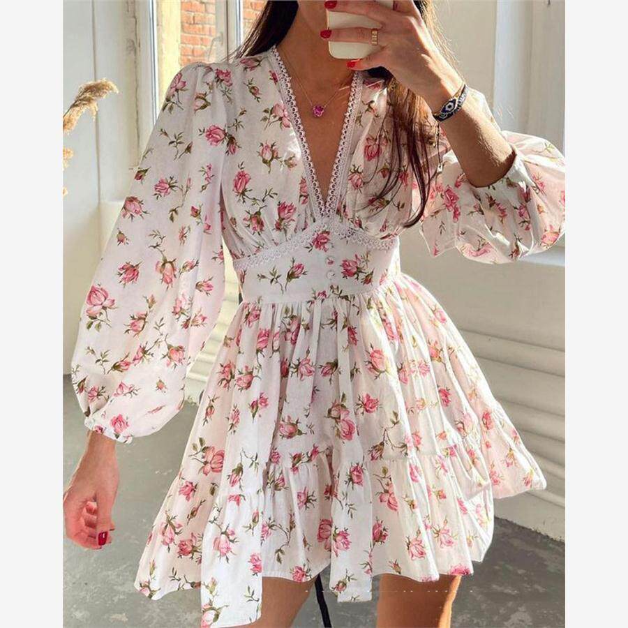 Chiffon autumn dress雪纺灯笼袖V领印花长袖收腰A型纯欲风连衣裙