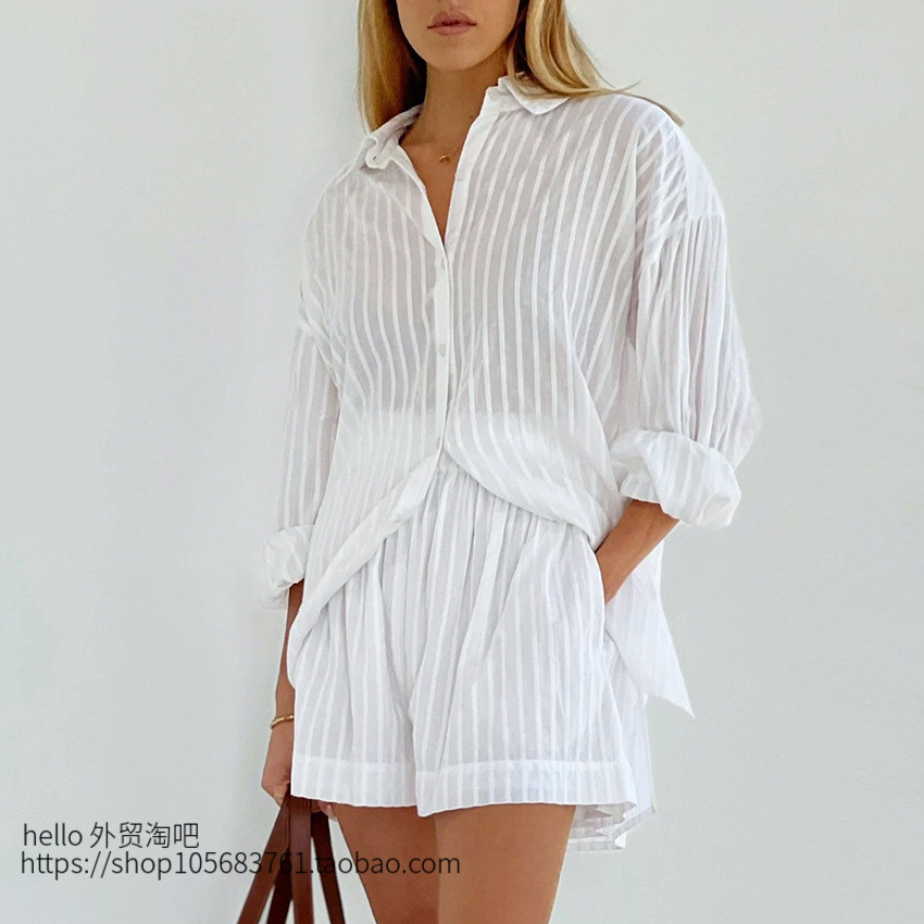 欧美风气质提花条纹泡泡袖衬衣短裤套装Striped Shirt Shorts Set