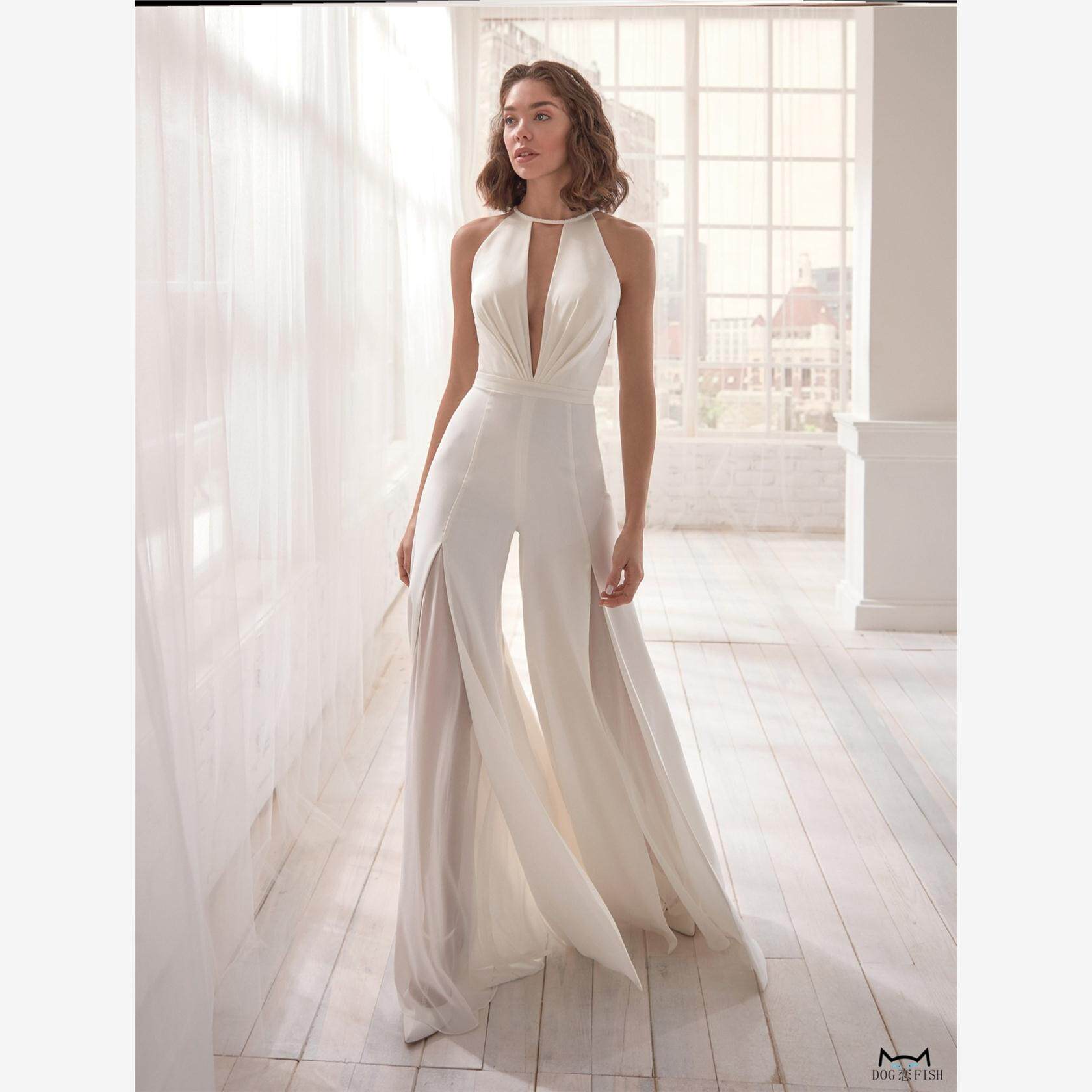 2020欧美女装优雅女神范连体礼服深V挂脖连体裤飘逸长裤Jumpsuits