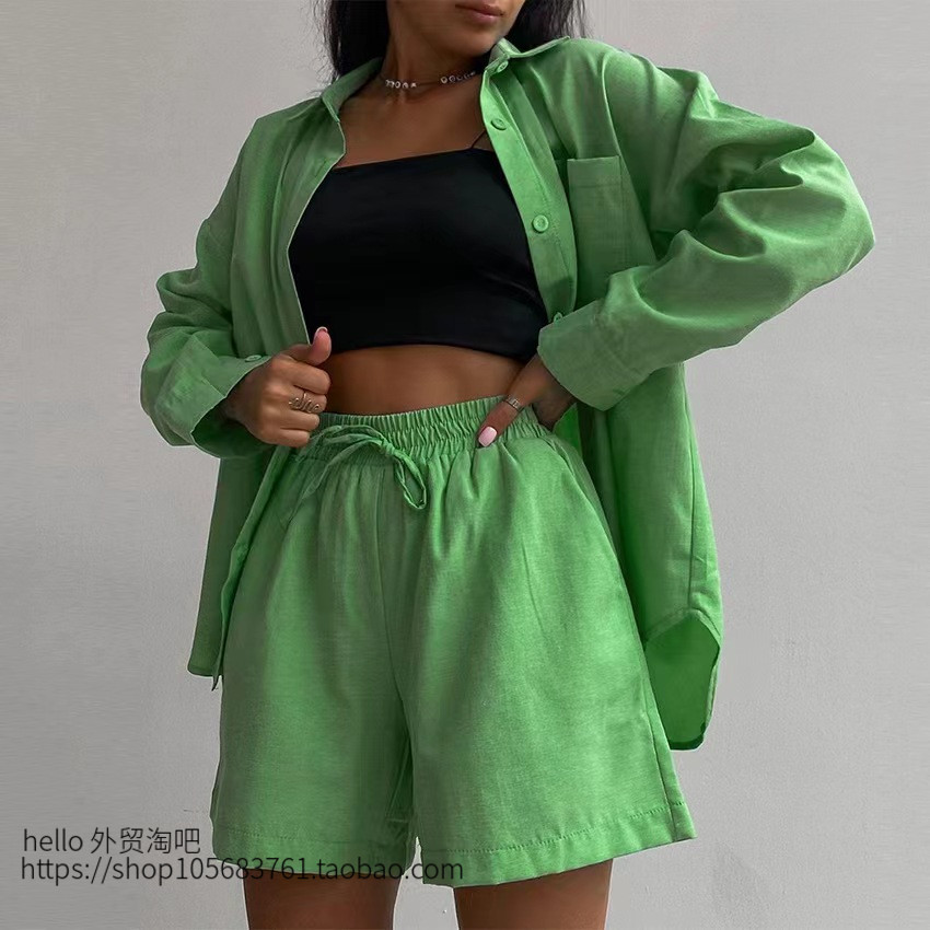 欧美风新款棉麻套装法式休闲时尚衬衣短裤两件套Shirt Shorts Set