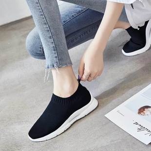 ladies flat white black shoes for women一脚蹬女小白鞋飞织夏