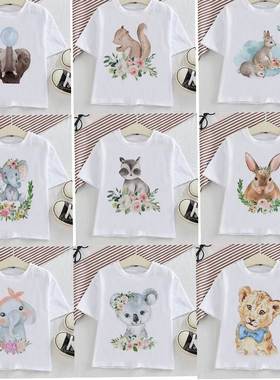 Animal kids T-shirt卡通动物大象松鼠兔子狮子印花儿童白色T恤衫