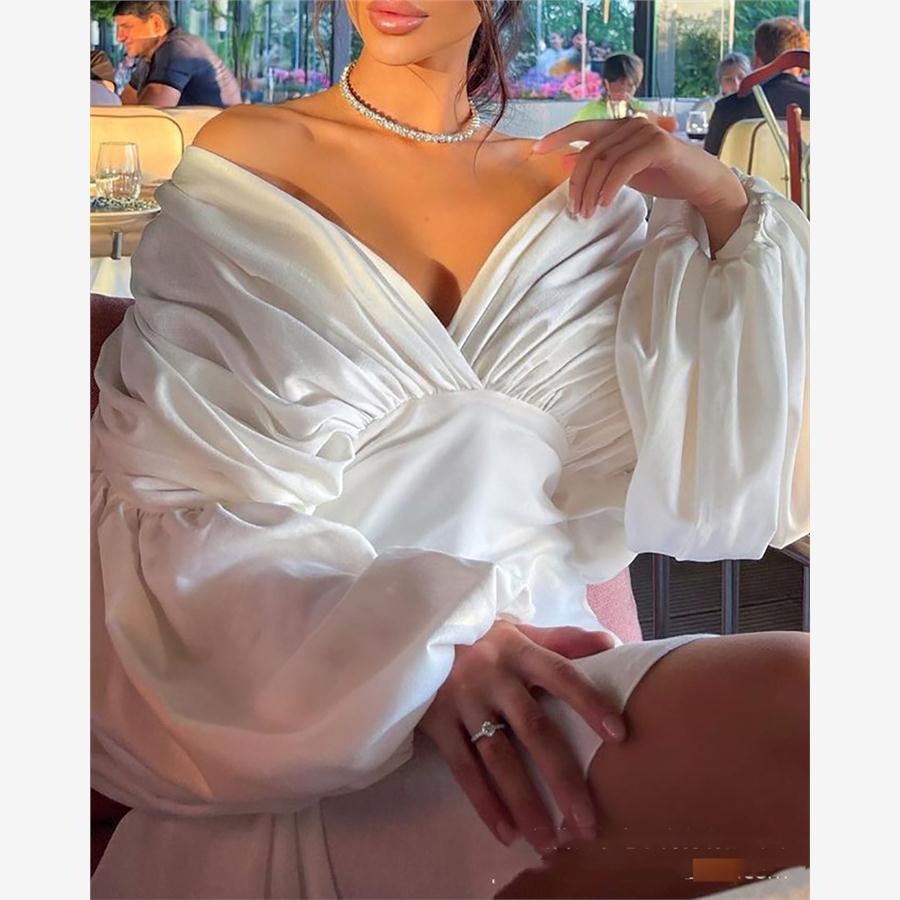 White silk V-neck dress白色绸面V领性感长袖礼服日常连衣裙秋
