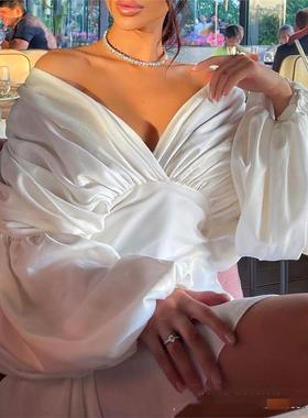 White silk V-neck dress白色绸面V领性感长袖礼服日常连衣裙秋