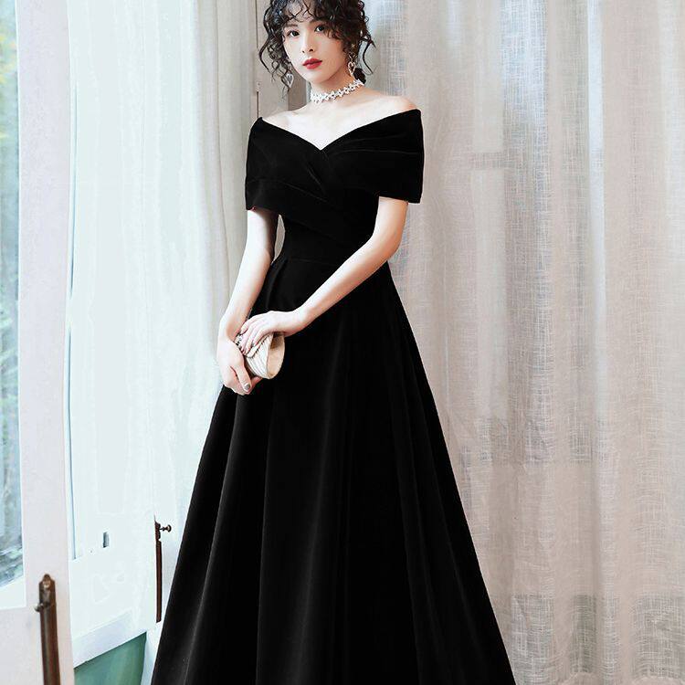 黑色晚礼服裙女显瘦大码一字肩宴会气质时尚年会礼服长款小个子