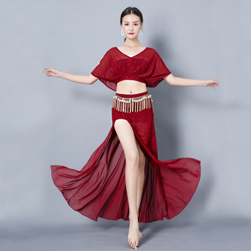 肚皮舞服装女性感开叉长裙套装