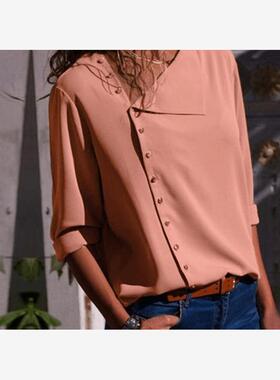 2018ebay新款 亚马逊爆款 6色纽扣不规则斜领长袖女上衣打底衬衫