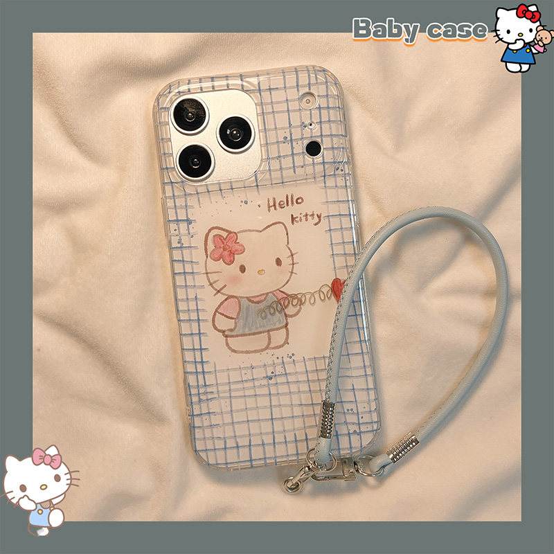 北比日韩蓝格纹涂鸦爱心猫咪适用苹果17手机壳iphone16promax新款15带挂绳17pro少女14pm可爱13卡通16pro全包