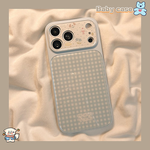 北比ins治愈系蓝色格子卡通狗狗适用苹果18promax手机壳iphone16pro新款15女17pro大视窗14pro全包防摔手机套