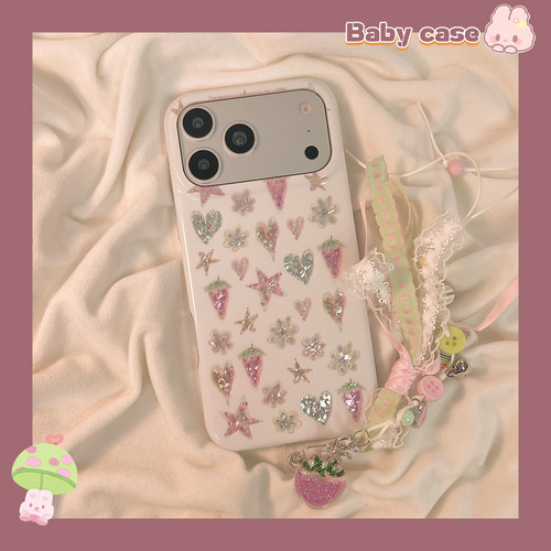 北比 韩系ins鎏金星星爱心草莓适用苹果17promax手机壳iphone16pro新款13女14pro带链条15pro全包防摔手机套