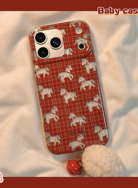 北比新年红色格纹闪粉小马适用iphone17pro手机壳苹果16promax新款15卡通17喜庆14pm女15pro高级感16个性全包