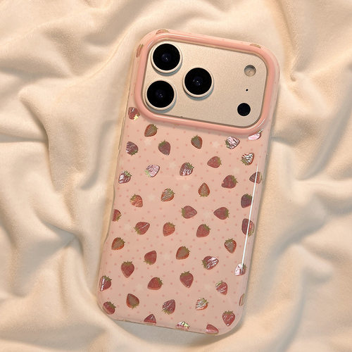 北比 韩系甜美满屏粉色鎏金草莓适用苹果17promax手机壳iphone16pro新款13女14pro创意15pro全包防摔手机套