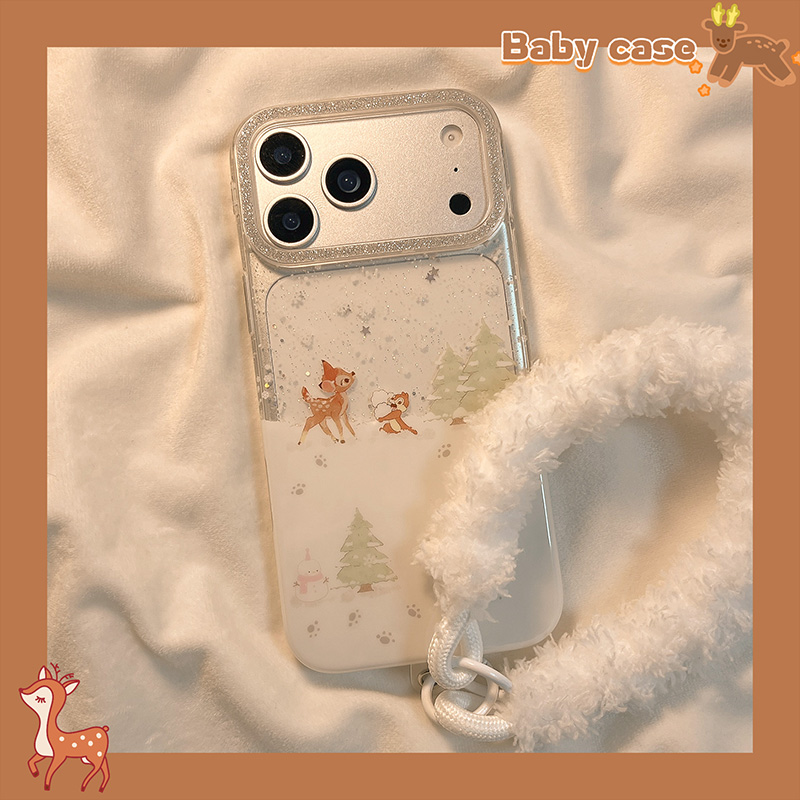 北比ins冬日雪地梅花鹿松鼠适用苹果17promax手机壳iphone16pro新款15毛绒挂绳17卡通14女13闪粉16pm透明全包