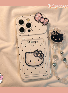 日韩波点立体蝴蝶结猫咪卡包适用苹果16pro手机壳iphone15新款17promax带链条15pro可爱12pm少女13创意14全包