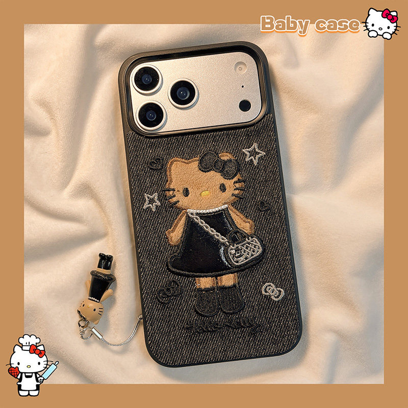 北比小香风黑色牛仔刺绣猫咪适用苹果17pro手机壳iphone16promax新款15可爱17卡通14pm女16网红超火15pro全包