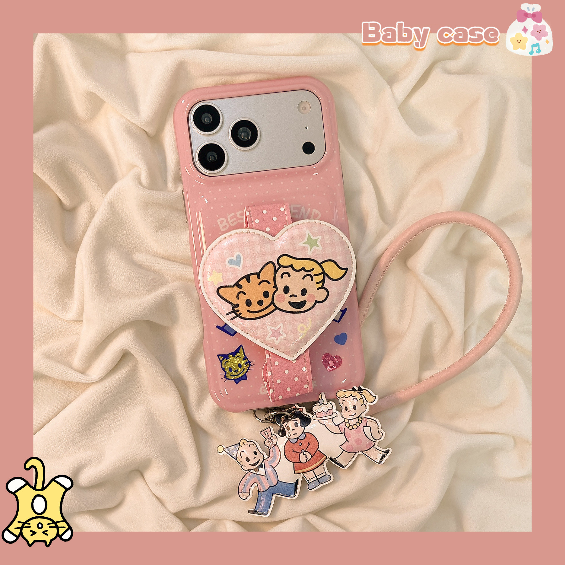 北比 日韩粉色可爱原田治爱心腕带适用苹果17promax手机壳iphone16pro新款15女17pro挂绳15pro全包防摔手机套