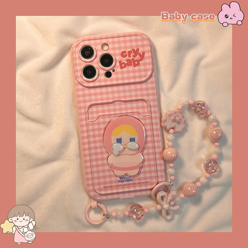 少女粉色格纹哭娃适用苹果手机壳