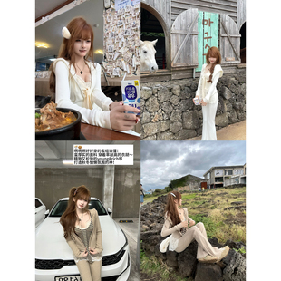 daily lazy 休闲复古修身 连帽针织上衣喇叭裤 秋女 你 套装 井井