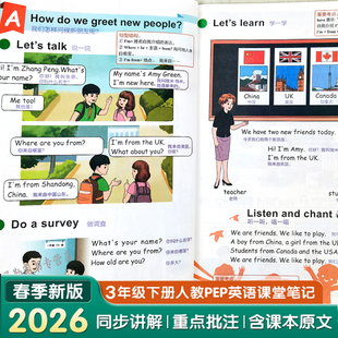 小学3年级下学期课本短语原文翻译语法解析注解复习资料书三上下英语新教材 新版 三年级英语下册课堂笔记人教pep版 教材同步2026春季