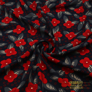 黑底红花微弹波斯麻乱麻雪纺面料时尚乱麻不透衬衫连衣裙服装布料