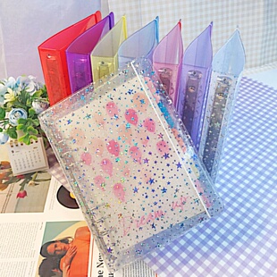 A5糖果色活页塑料外壳透明闪粉pvc笔记本封面绑带PP活页手账本
