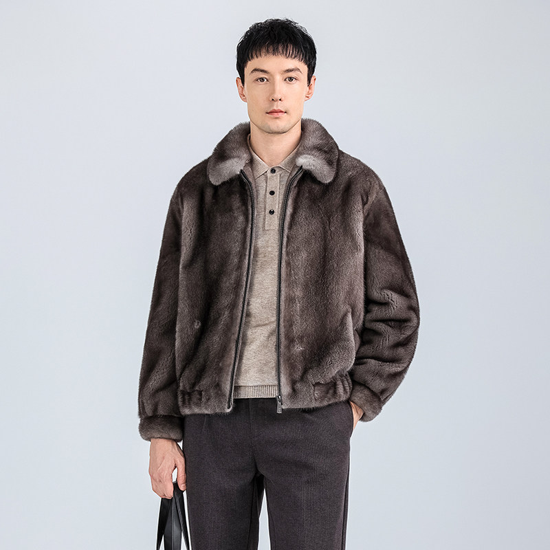 海宁进口貂皮大衣男短款连帽皮草天鹅绒25年时尚冬季新款保暖外套