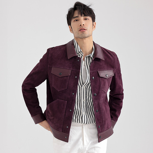 海宁秋季新款男士真皮皮衣时尚潮流绒面绵羊皮外套修身翻领皮夹克