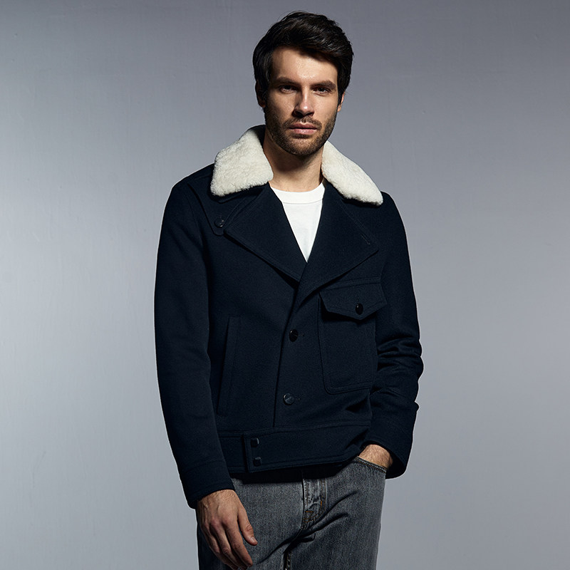 新款男士休闲毛呢大衣时尚潮流修身短款羊毛外套机车修身翻领男装