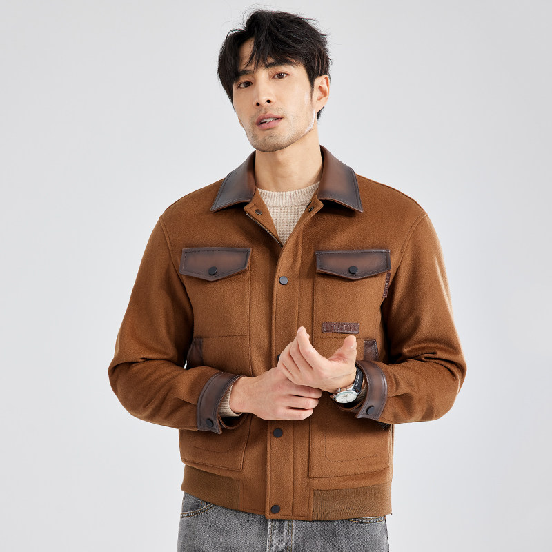 2025秋冬新款男士毛呢外套时尚休闲短款羊毛大衣翻领修身中年做旧